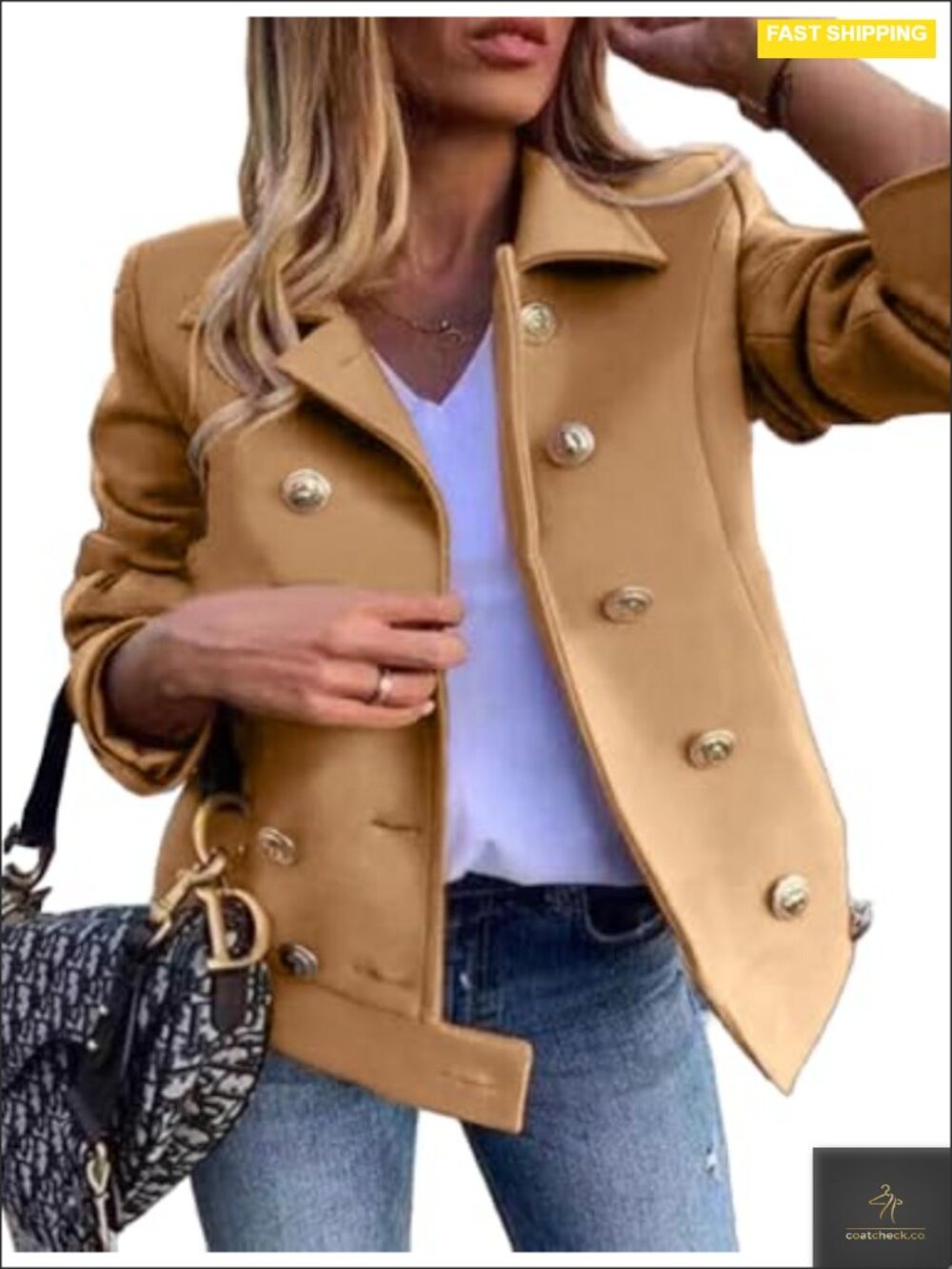 Women's Cropped Wool Peacoat Double Breasted Notch Lapel Blazer Jacket